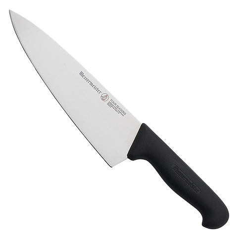 A Messermeister Pro Series 8-inch Chef's Knife, featuring a sleek, ergonomic handle and a polished, precision-forged blade designed for professional and home kitchens alike.