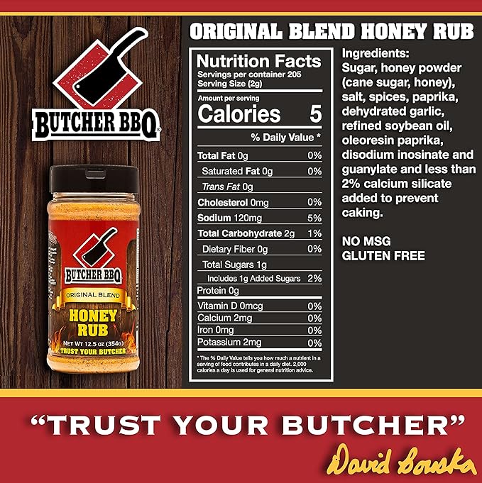 A promotional image for Butcher BBQ Original Blend Honey Rub. The left side features a jar of the honey rub seasoning with a red label and a black lid. The right side includes the nutrition facts.