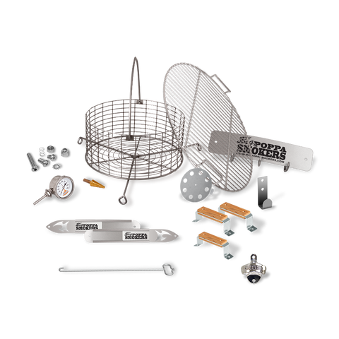 Exploded view of BPS DIY Drum Smoker Kit including labeled parts such as lid handle, top vent, grill cooking grate, bottle opener, thermometer, drum handle, charcoal nest, tool hook shield, charcoal nest hook, vent side door and hardware.
