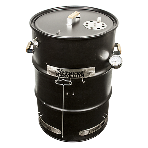 Assembled view of BPS Black Powder Coated Drum Smoker showing a charcoal barrel with accessories like a grill grate, thermometer, tool hooks, and a lid handle.
