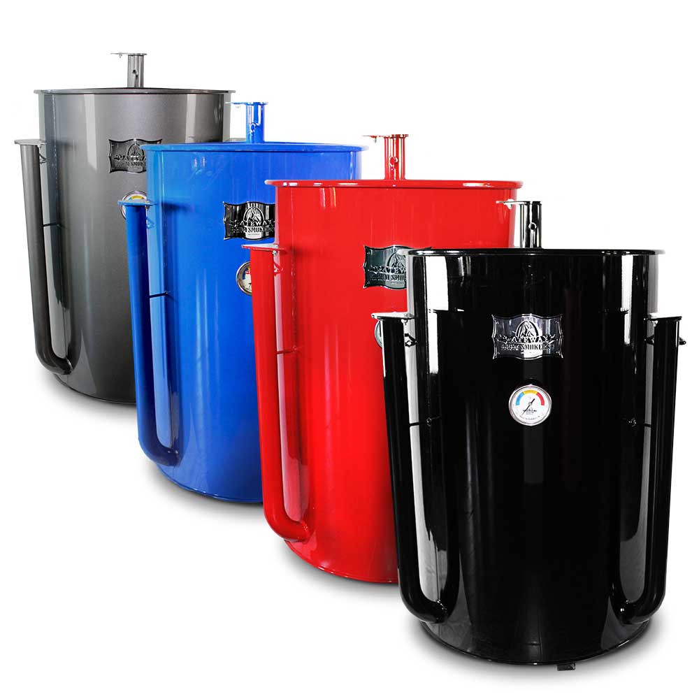 Four glossy vertical smokers in a line-up, from left to right: charcoal, blue, red, and black, all with temperature gauges and 'Gateway Drum Smokers' logos.