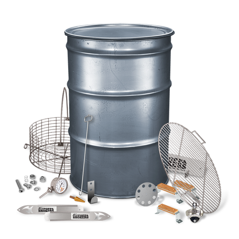 A comprehensive set of the BPS Carbon Drum Smoker Kit components arranged around a metallic drum smoker, showcasing tools such as a grill cooking grate, thermometer, bottle opener, and other accessories.