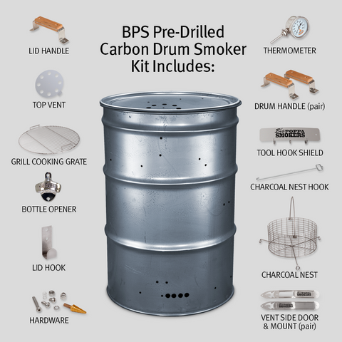 Infographic showing components of a BPS Pre-Drilled Carbon Drum Smoker Kit. The central image is a metallic drum smoker surrounded by labeled parts like a lid handle, thermometer, grill cooking grate, and bottle opener, all on a grey background.
