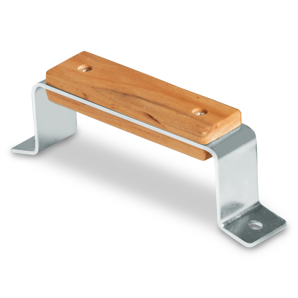 Sturdy metal lid handle for a smoker, featuring a natural wood grip fixed to a silver metallic bracket, designed for durability and ease of use. The handle is displayed against a partly transparent background, highlighting its sleek, functional design.