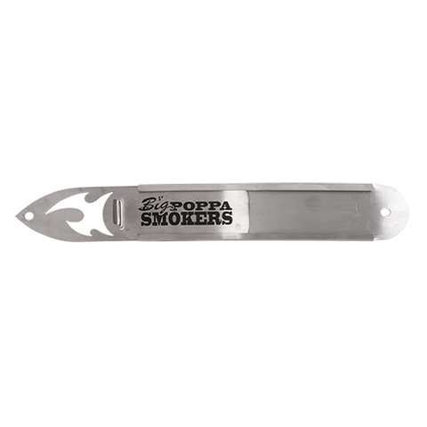 A metal slider vent for a smoker, engraved with 'Big Poppa Smokers'. The vent is long and narrow with a polished silver finish, featuring an oval hole at one end and a rectangular notch at the other.