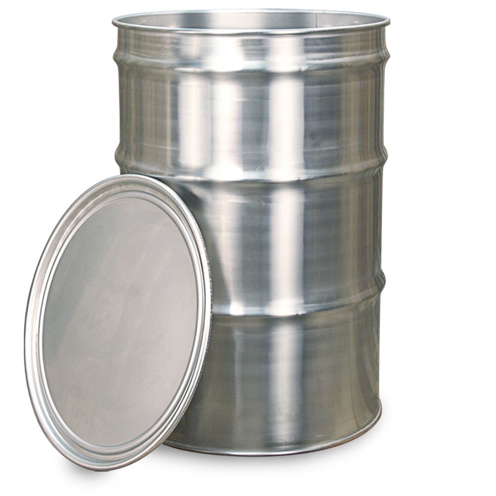 A stainless steel drum with a removable lid placed beside it. The drum and lid have a polished metallic finish