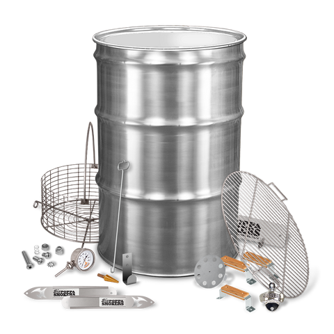An ensemble of stainless steel drum smoker kit components arranged neatly against a dark background. The set includes a drum, cooking grate, charcoal nest, lid hook, thermometer, and other accessories