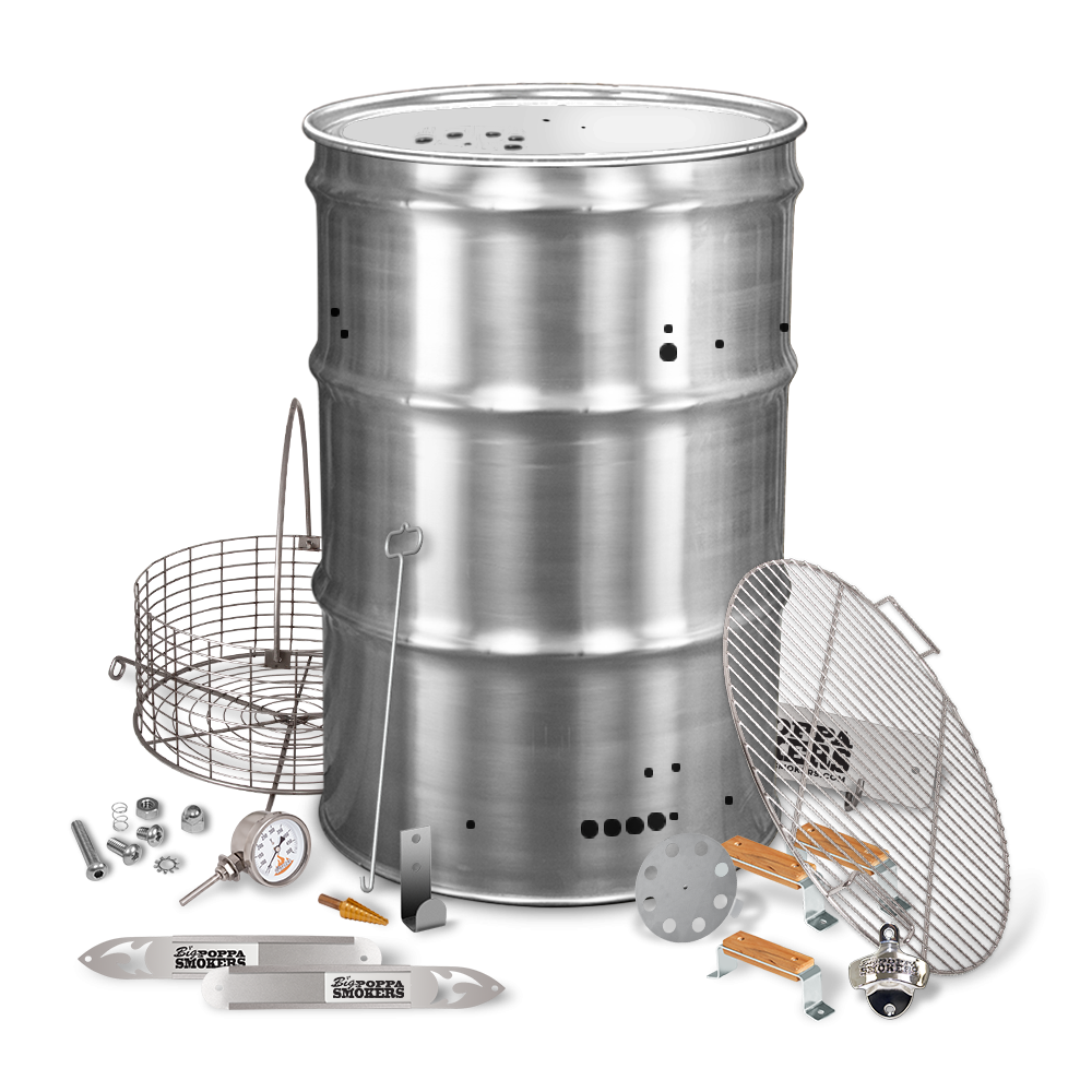 A comprehensive display of a stainless steel drum smoker kit and its various components. The kit includes a shiny metallic drum, a circular grill cooking grate, a thermometer, and various small tools and hardware, all presented against a black background.