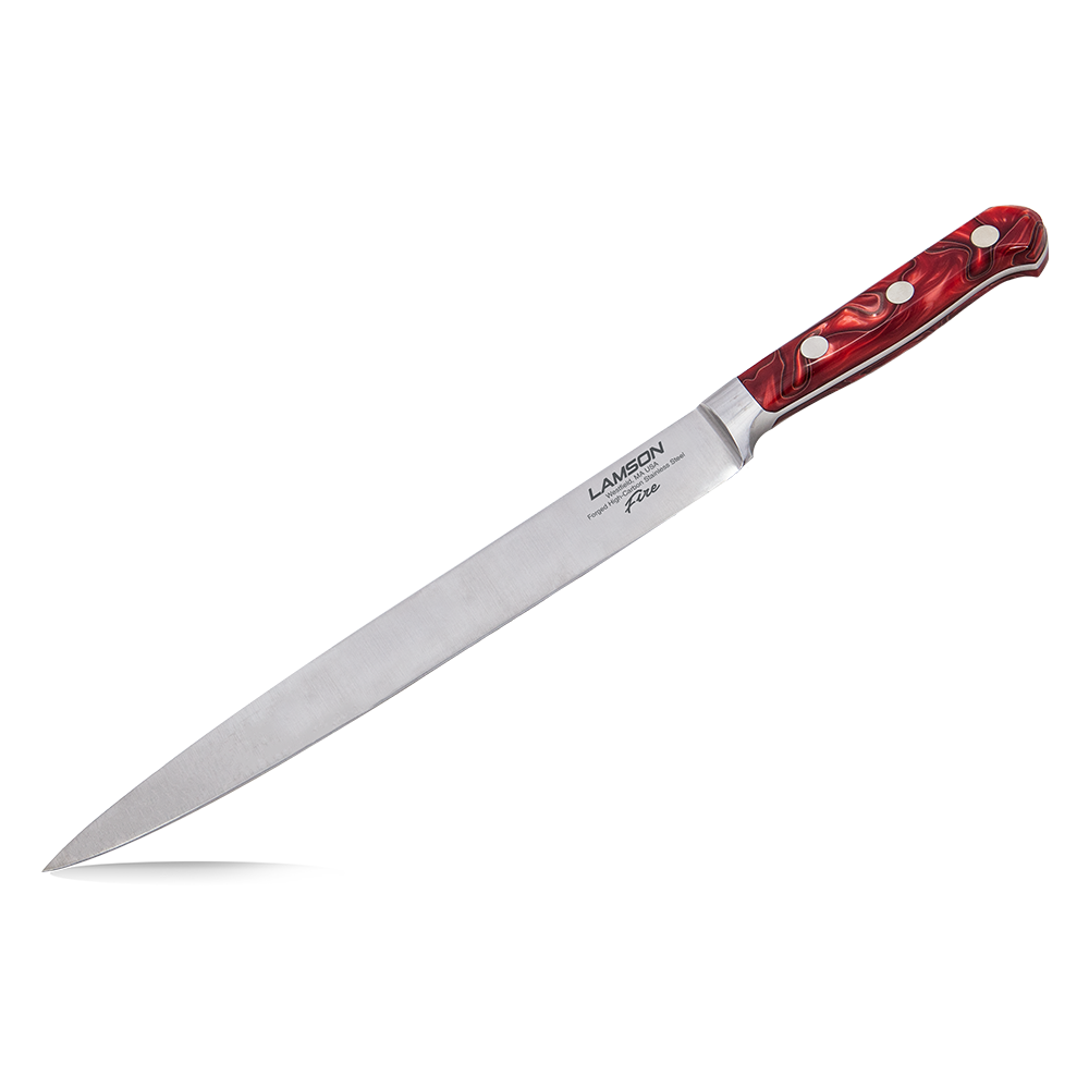 Close-up image of the Lamson 10" Slicer from the Fire Series. The knife features a sleek, high-carbon stainless steel blade and a vibrant, fiery-red acrylic handle. The blade is designed for precision slicing, ideal for BBQ and kitchen use. The knife is displayed on a cutting board with slices of meat, showcasing its slicing capabilities.