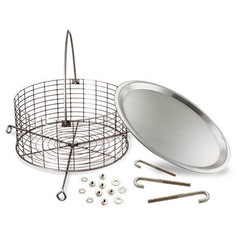 Exploded view of a stainless steel ash catcher assembly kit for a drum smoker, displaying a round grate, several nuts and bolts, and a flat round cover, all arranged on a transparent background.