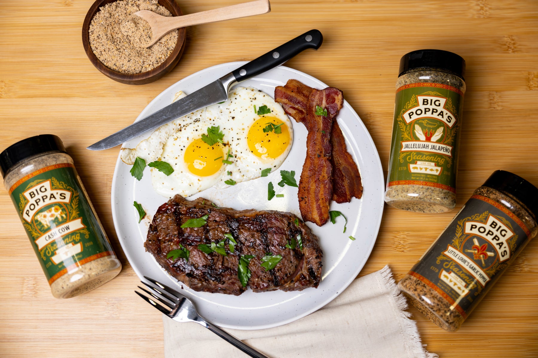 Breakfast plate with steak and eggs