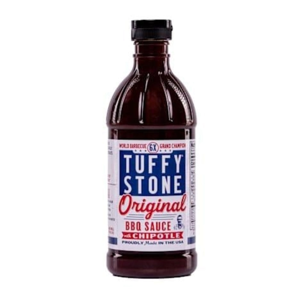 Bottle of Tuffy Stone Original BBQ Sauce with Chipotle flavor on a white background