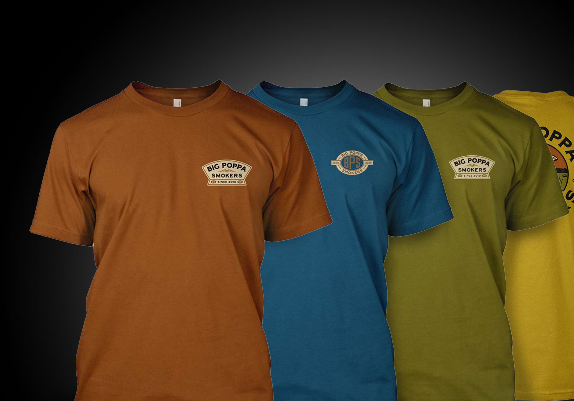 Series of Big Poppa Smokers short sleeve t-shirts in orange, blue, green and yellow.