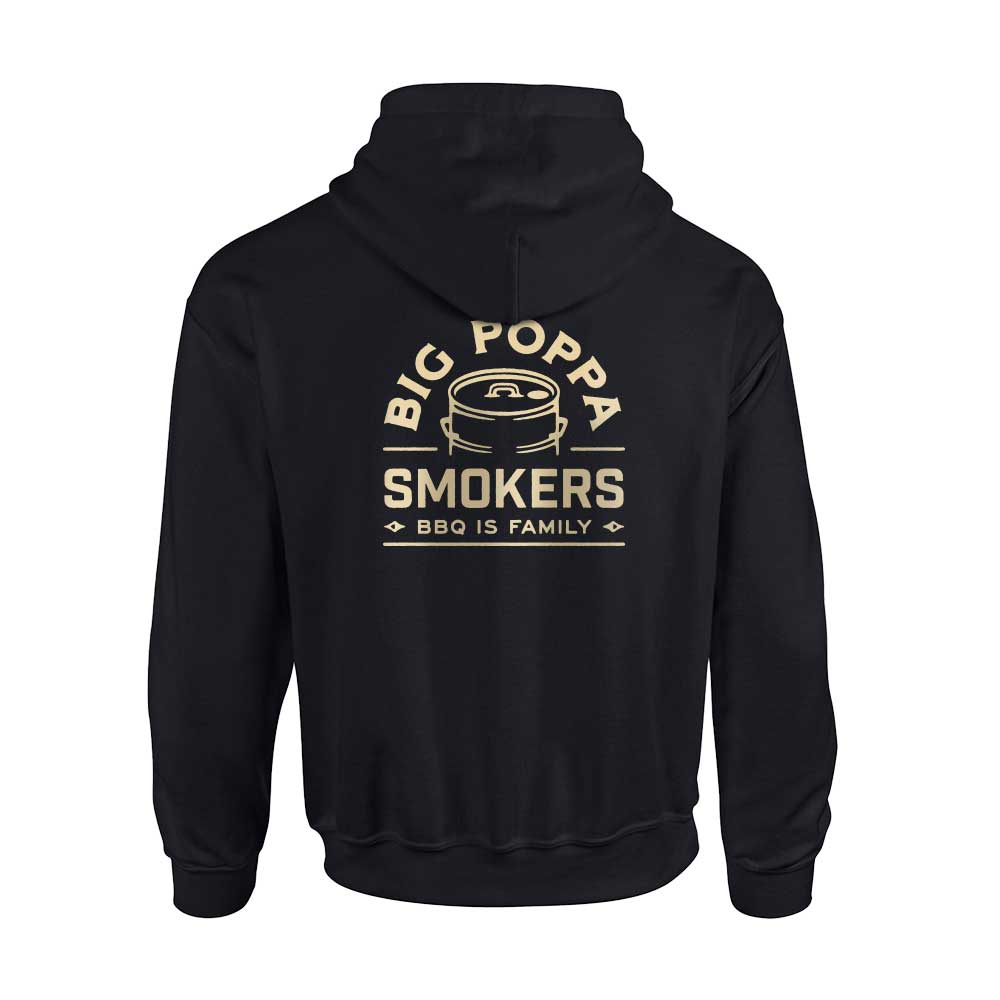 view of the back of the BBQ is Family hoodie in black with artwork saying "Big Poppa Smokers BBQ is family" with an outline of a BPS drum smoker in an off white cream color 