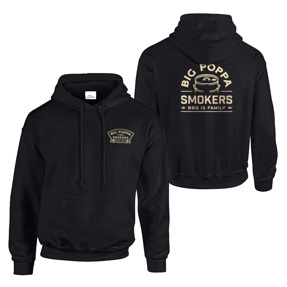 view of both and front and back of the BBQ is Family hoodie in black wherein he front left lapel showcases the Big Poppa Smokers logo in a cream color and the back sports artwork saying "Big Poppa Smokers BBQ is family" in the same color