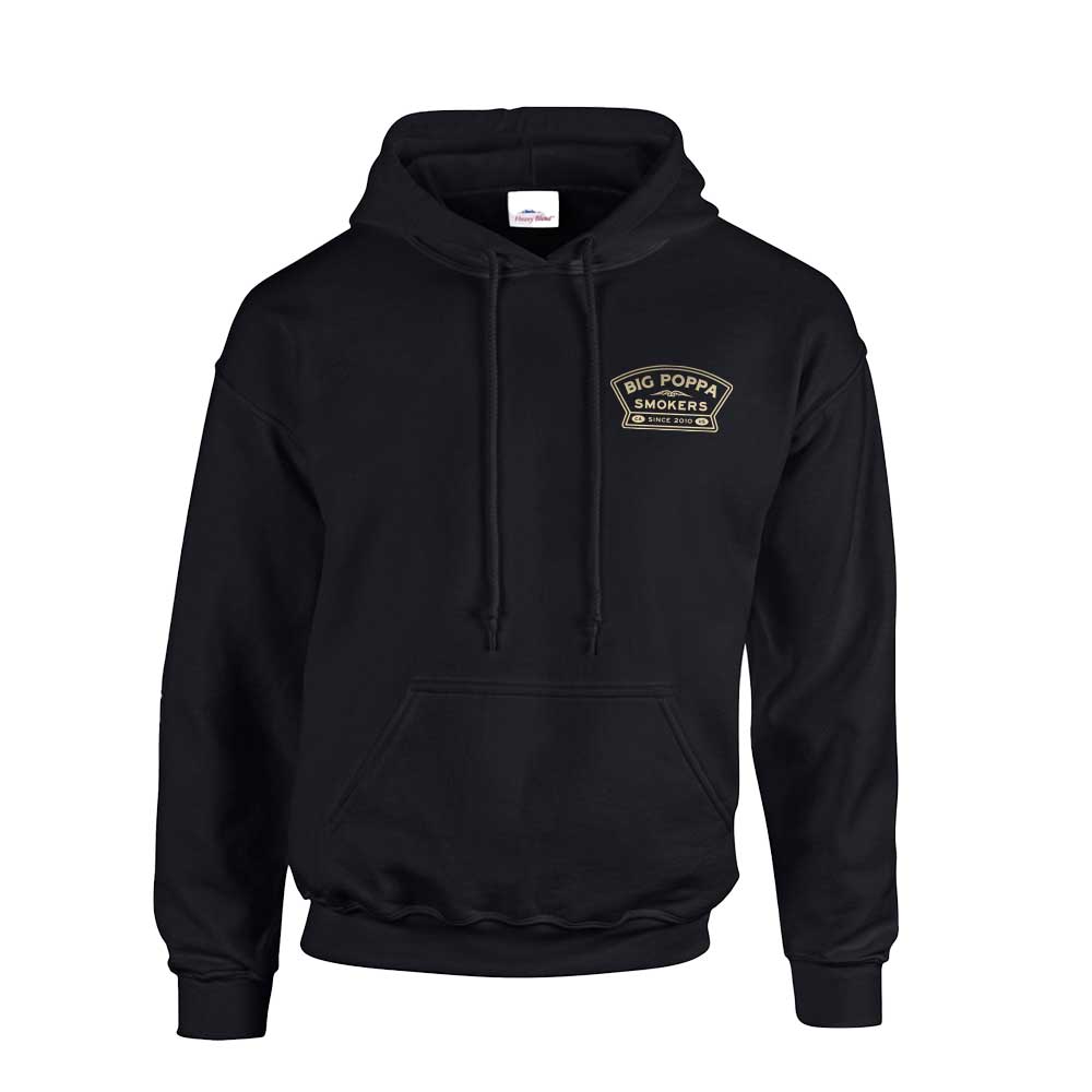 view of the front of the BBQ is Family hoodie in black wherein the front left lapel showcases the Big Poppa Smokers logo in a cream color