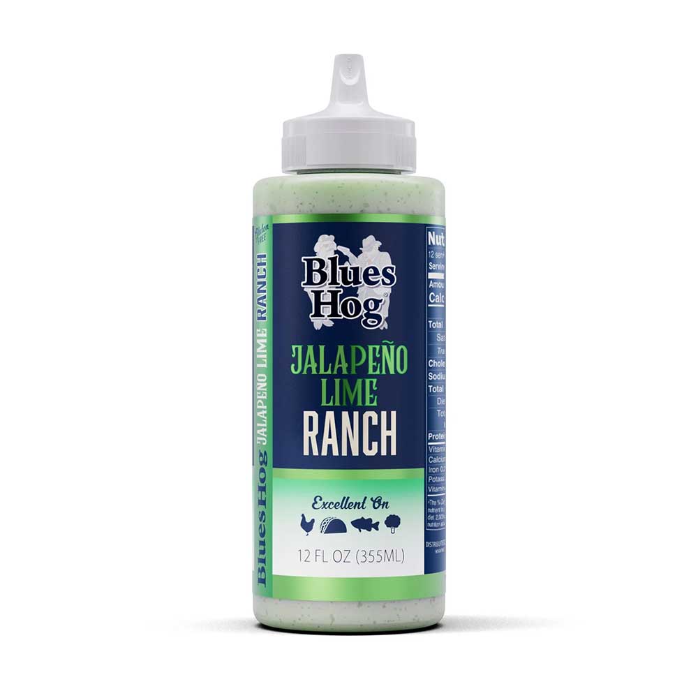 Bottle of Blues Hog Jalapeño Lime Ranch dressing, 12 oz, labeled "Excellent On" meats, tacos, and veggies.