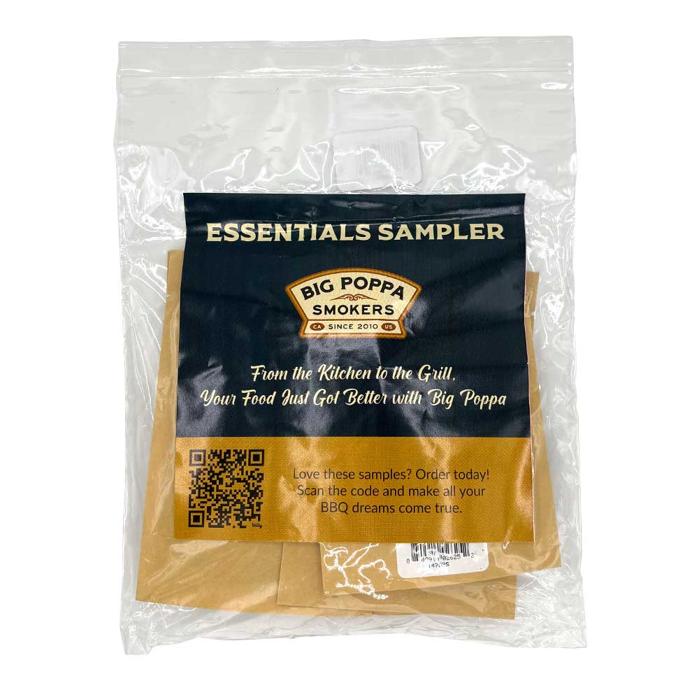 Essential Sampler Pack from Big Poppa Smokers with 5 top BBQ seasonings for pork, chicken, beef, and backyard grilling.