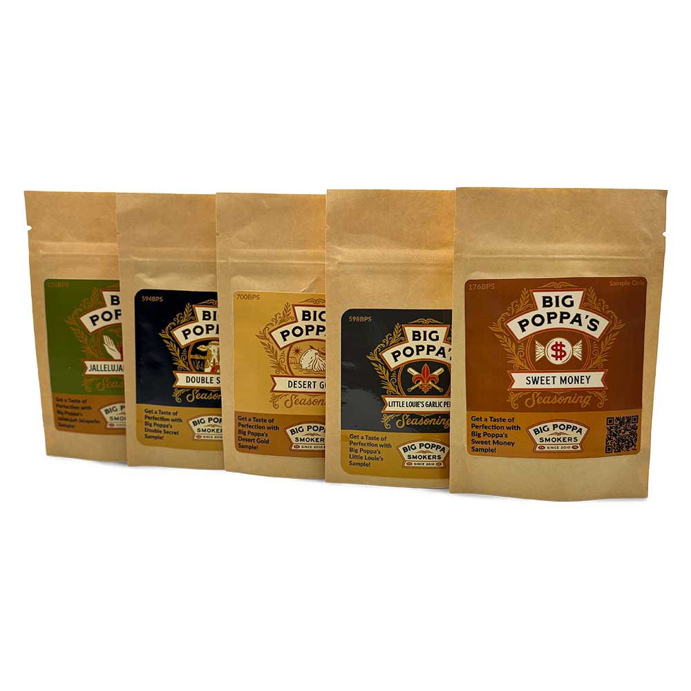 Big Poppa Smokers Essential Sampler with 5 top BBQ rubs, perfect for smoking, grilling, and all-purpose backyard seasoning