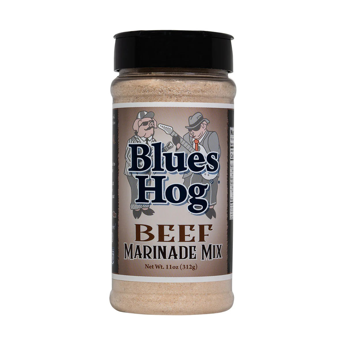 A jar of Blues Hog Beef Marinade Mix with a black lid, showing the front label. The label features the Blues Hog logo with two cartoon pigs dressed as musicians, one playing a guitar and the other holding a microphone. The label reads 'Blues Hog Beef Marinade Mix' and indicates the net weight of 11 ounces (312 grams).