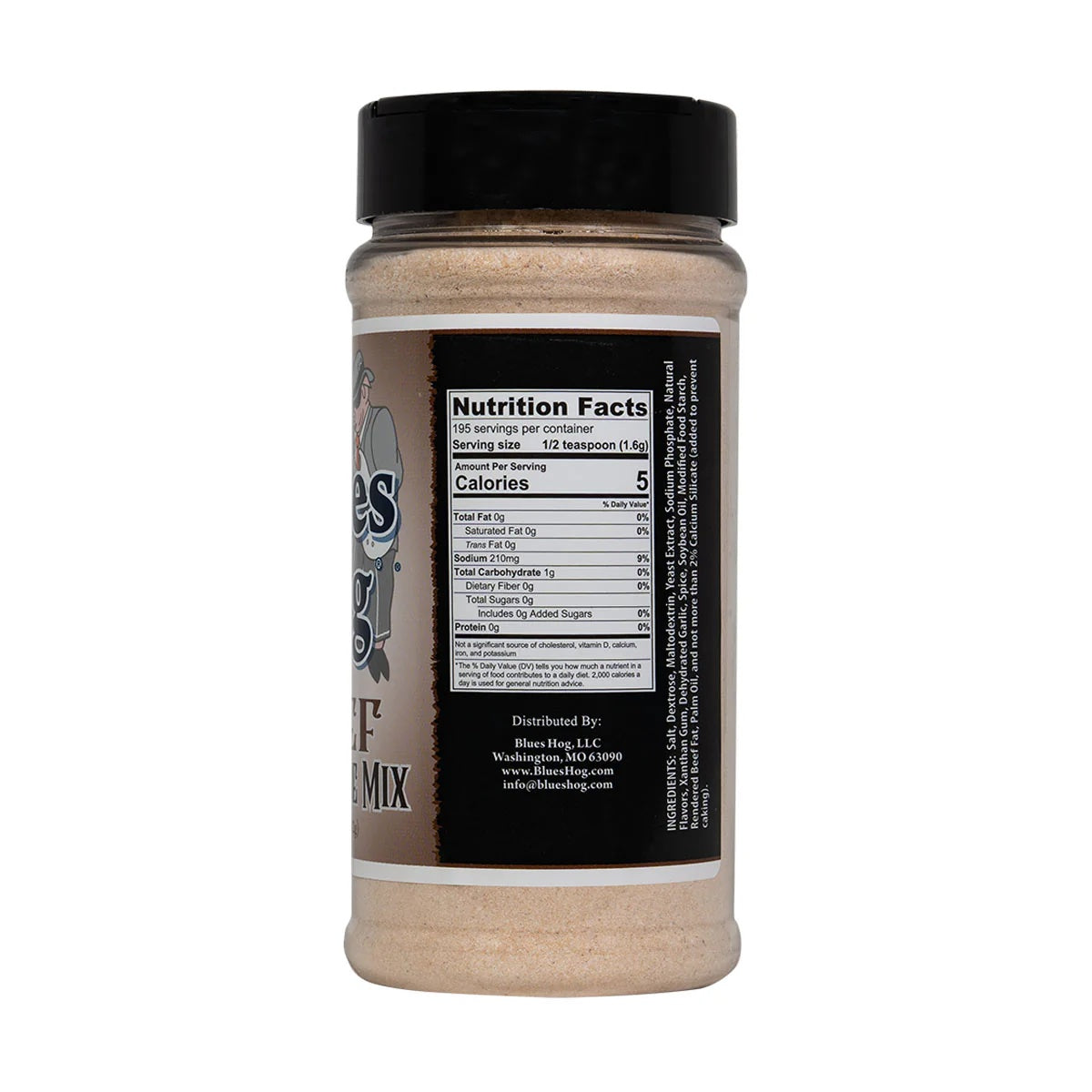 A jar of Blues Hog Beef Marinade Mix with a black lid, showing the nutrition facts label on the back. The label indicates 195 servings per container, with each serving being 1/2 teaspoon (1.6g). The mix contains 5 calories per serving and has no fat, 210mg of sodium, 1g of total carbohydrates, no sugars, and no protein.
