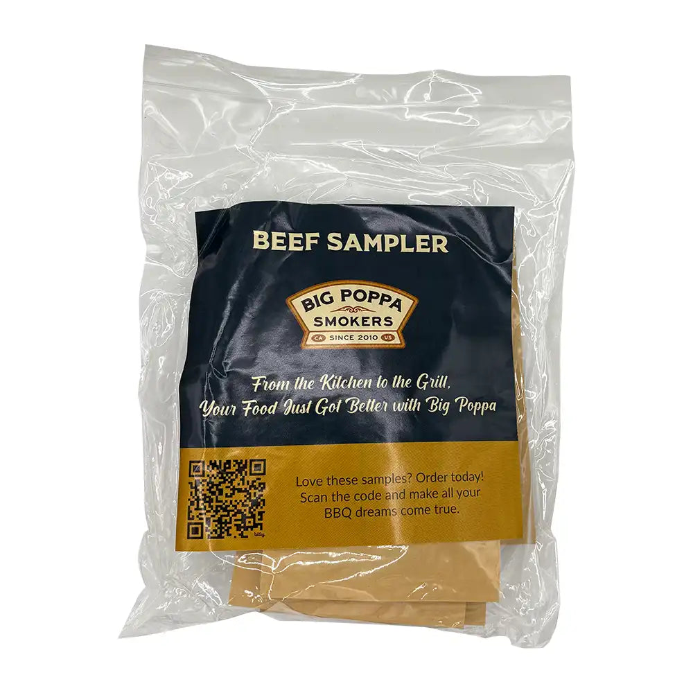 Big Poppa Smokers Beef Sampler pack in a clear bag with branded label and QR code for ordering.