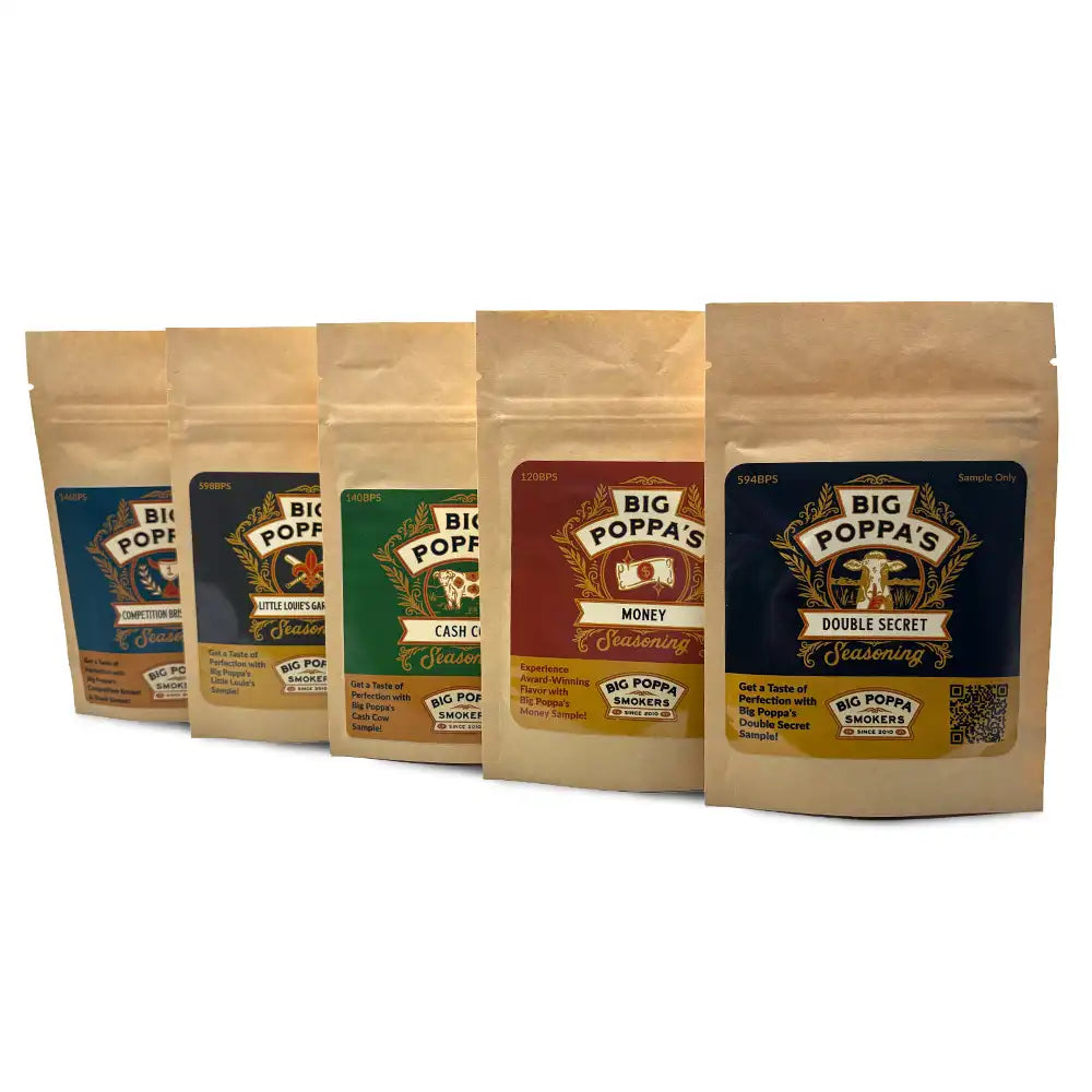 Five Big Poppa's seasoning sample packs in kraft pouches, each with different names and label colors.
