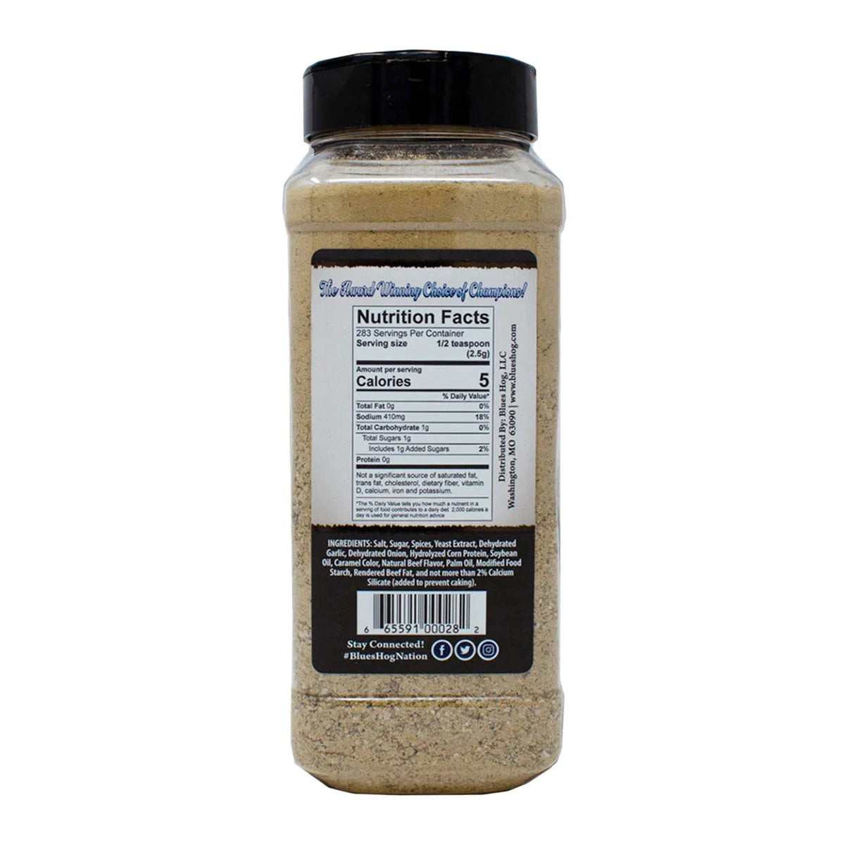 The back of a jar of Blues Hog Bold & Beefy Seasoning with a black lid. The label includes the nutrition facts and ingredient list. It indicates 283 servings per container, with each serving size being 1/2 teaspoon (2.5g). The mix contains 5 calories, 1g total fat, 410mg sodium, 1g total carbohydrate, and 0g protein per serving. Ingredients include salt, sugar, spices, yeast extract, dehydrated garlic and onion, hydrolyzed corn protein, and more.