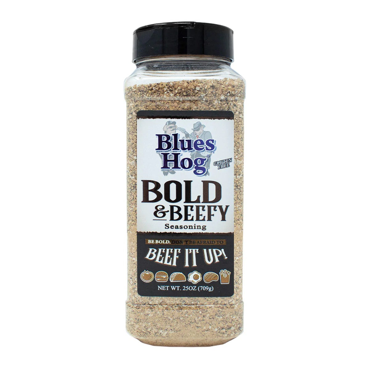 The front of a jar of Blues Hog Bold & Beefy Seasoning with a black lid. The label features the Blues Hog logo with two cartoon pigs dressed as musicians. The label reads 'Blues Hog Bold & Beefy Seasoning' and indicates that the product is gluten-free with a net weight of 25 ounces (709 grams). Below, it suggests to 'Be bold. Don’t be afraid to beef it up!' with icons of various foods suitable for seasoning.