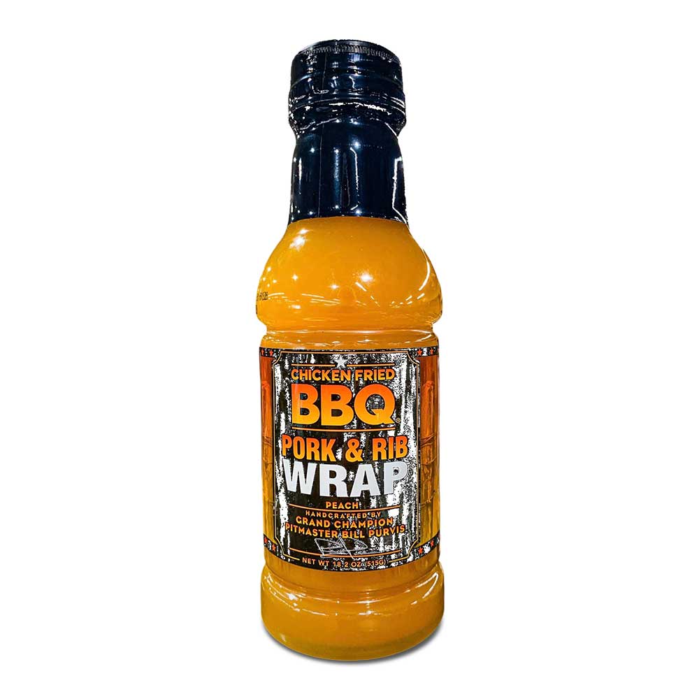 Chicken Fried BBQ Pork & Rib Wrap Peach Sauce in a 16 oz bottle, made by Grand Champion Pitmaster Bill Purvis.