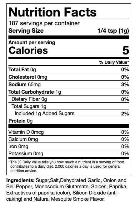The nutrition facts label for Cimarron Doc's Sweet Rib Rub & Bar-B-Q Seasoning. 