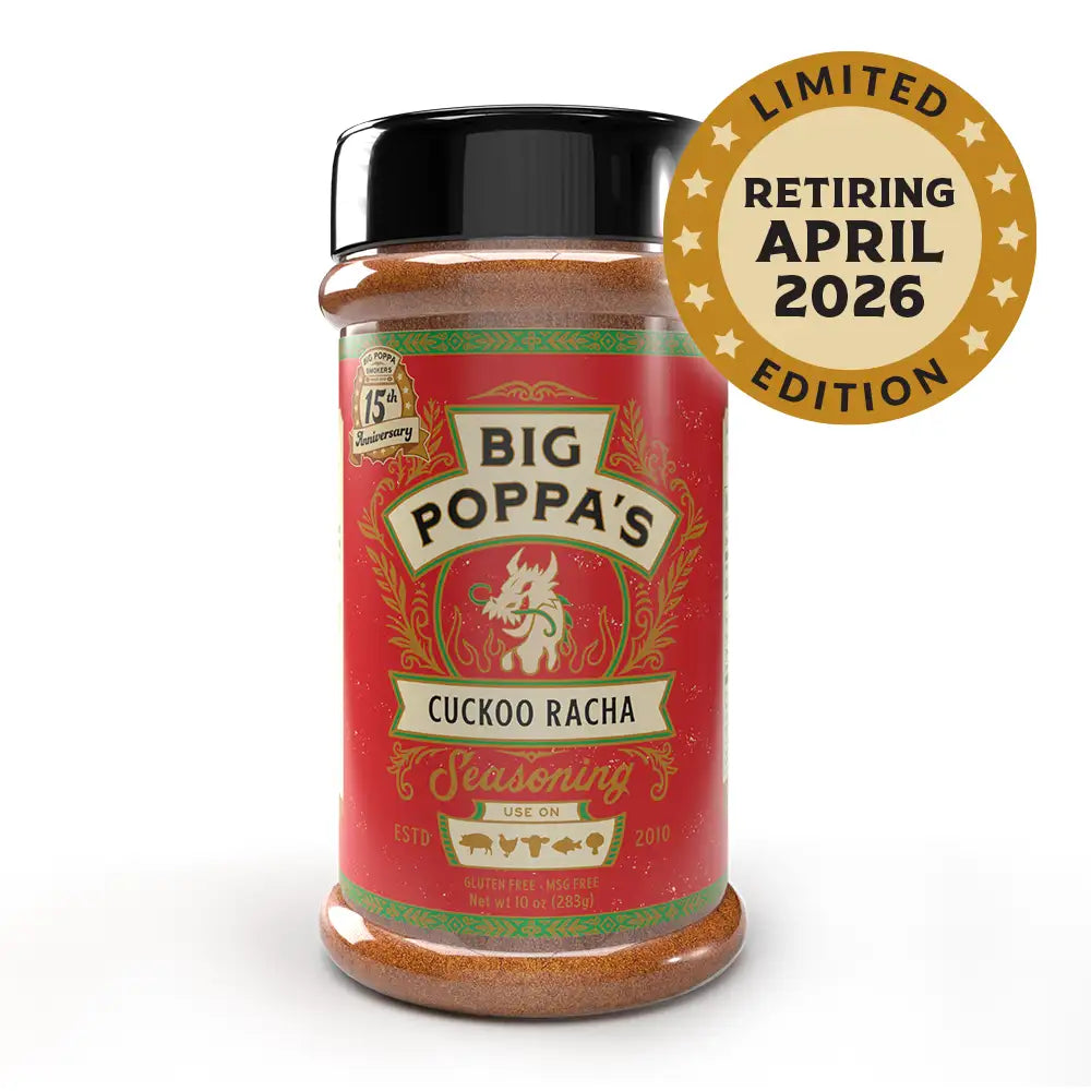 A jar of Big Poppa's Cuckoo Racha seasoning with a red and green label.