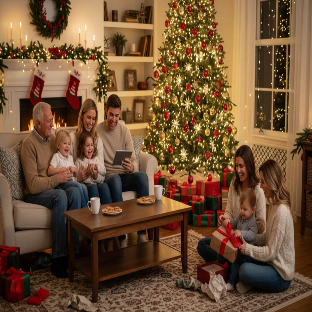 Family gathered around a Christmas tree in a cozy living room with presents and decorations.