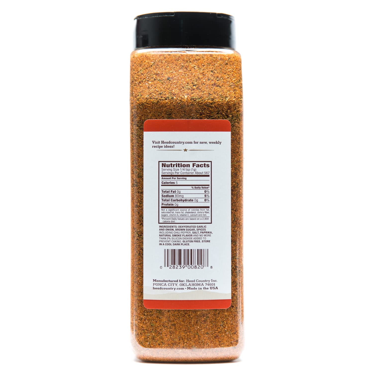The back label of a Head Country Championship Seasoning bottle showing the nutrition facts and ingredients list. The text includes details about serving size, calories, and ingredients like dehydrated garlic and onion, brown sugar, and paprika.