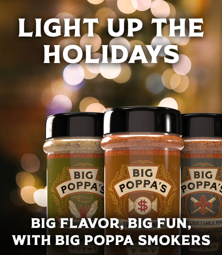 Jars of Big Poppa's seasoning with a festive background and text promoting holiday use.