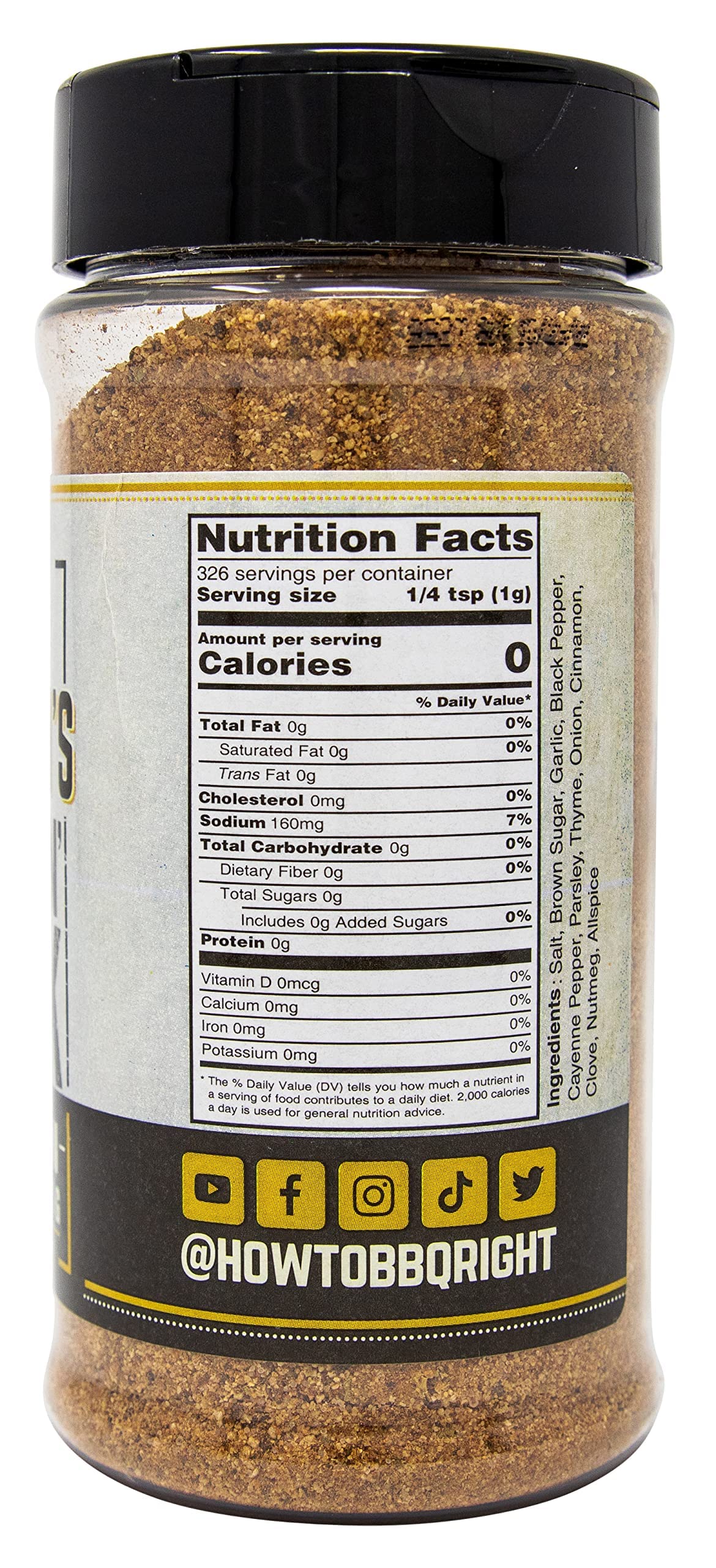 A bottle of Malcom's Jammin' Jerk Caribbean Seasoning showing the nutrition facts label. The label details the number of servings, calories, and comprehensive nutritional information per serving. Below the nutrition facts, social media icons and the handle '@howtobbqright' are displayed.