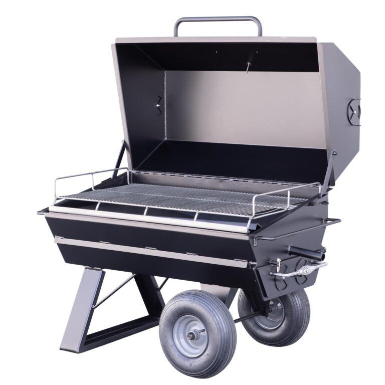 A side angle of the Meadow Creek PR42 pig roaster, showcasing the dual-layer grilling racks and the sturdy design of the unit.