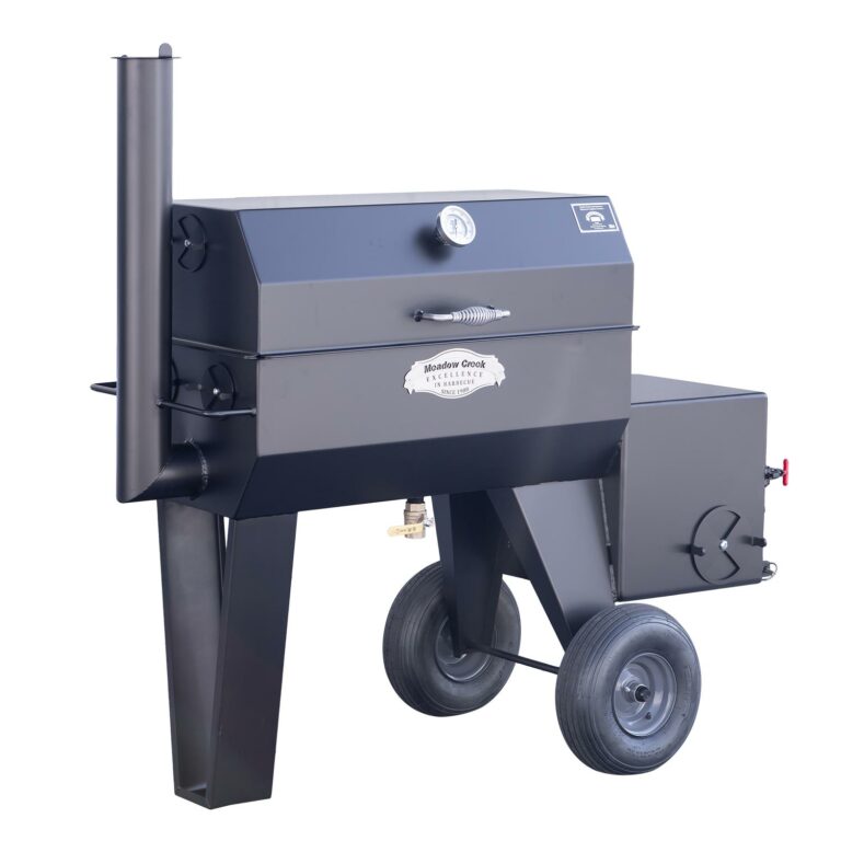 Full view of the Meadow Creek SQ36 offset smoker with the lid closed. The smoker features a thermometer on the lid, a logo plate on the front, and a side firebox with vent controls.
