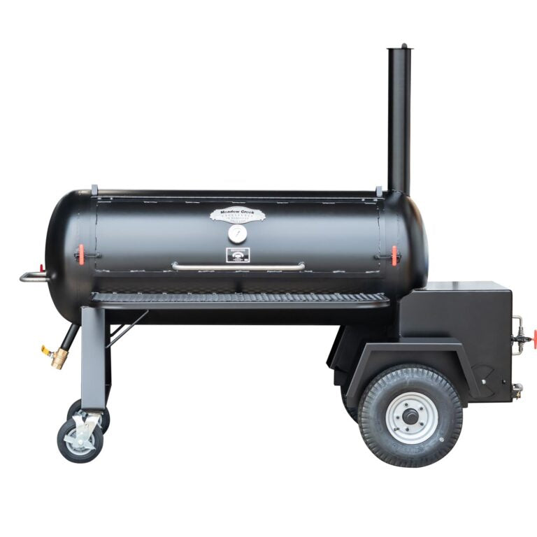 Front view of a closed Meadow Creek BBQ smoker, displaying a temperature gauge and the brand logo.