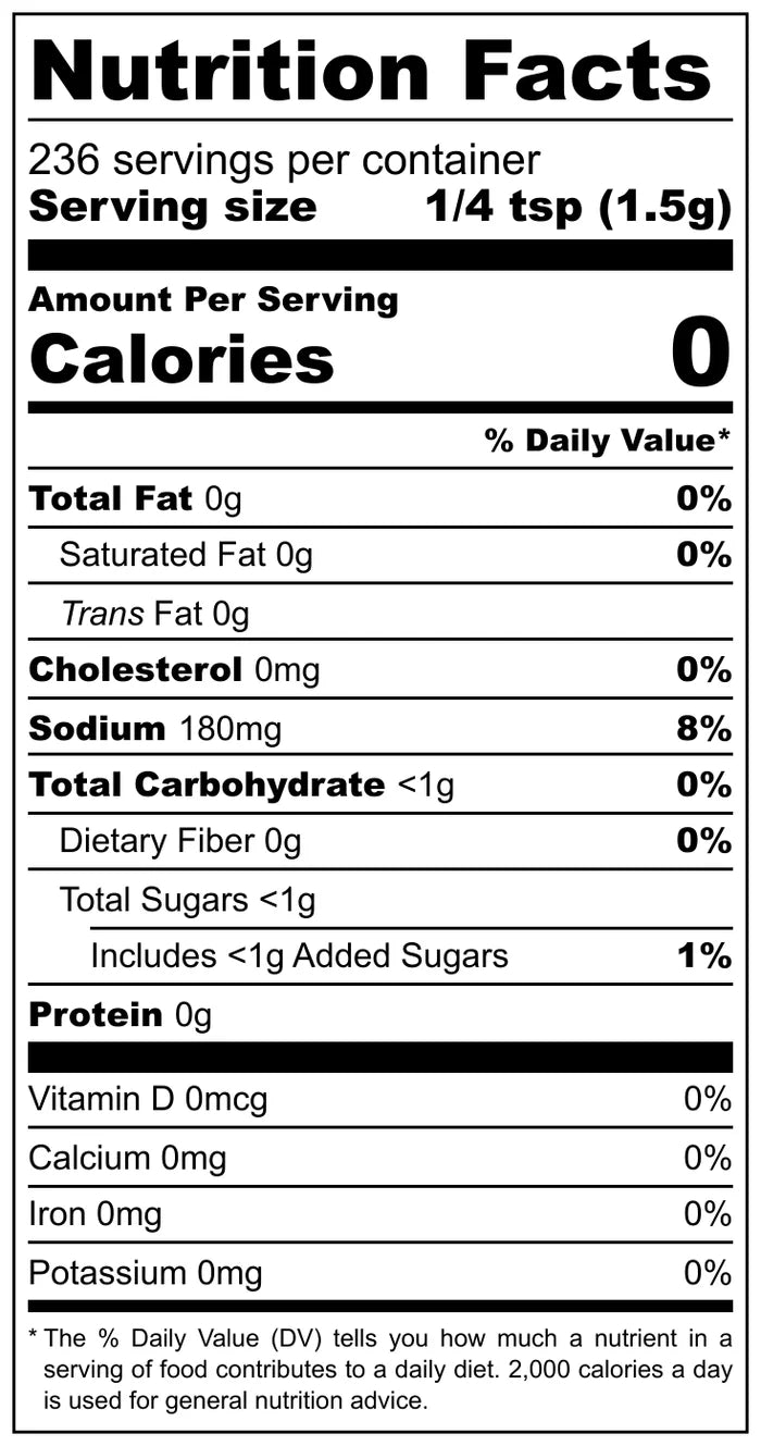 Nutrition Facts label for Meat Church Holy Gospel BBQ Rub. It shows a serving size of 1/4 teaspoon (1.5g) with 0 calories, 0g total fat, 180mg sodium, less than 1g total carbohydrate, and 0g protein. The label also lists about 236 servings per container.