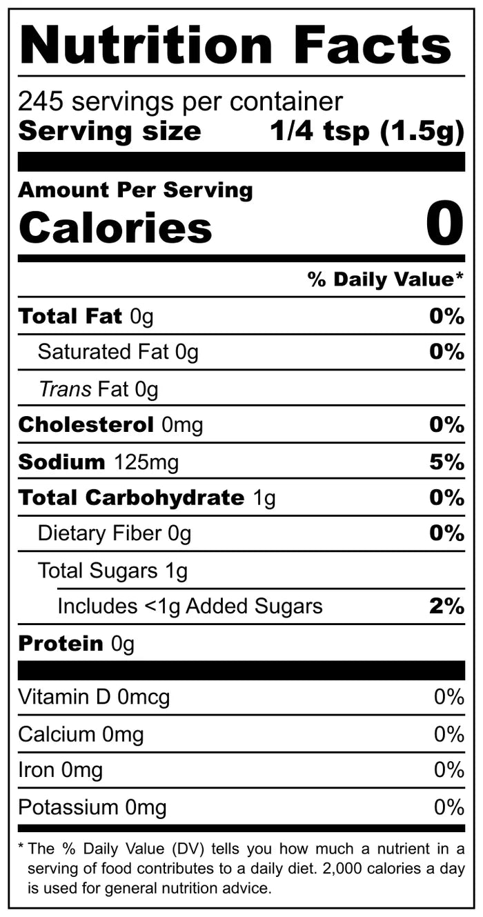 Nutrition Facts label for Meat Church Honey Bacon BBQ Rub. It shows a serving size of 1/4 teaspoon (1.5g) with 0 calories, 0g total fat, 125mg sodium, 1g total carbohydrate, and 0g protein. The label also lists about 245 servings per container.