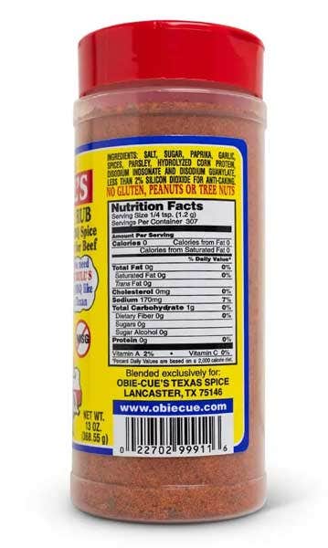 Back view of Obie-Cue's Big Bull's Texas Brisket Rub bottle. The label provides nutritional information and ingredients such as salt, sugar, paprika, and garlic. It also states the product is free of gluten, peanuts, and tree nuts.