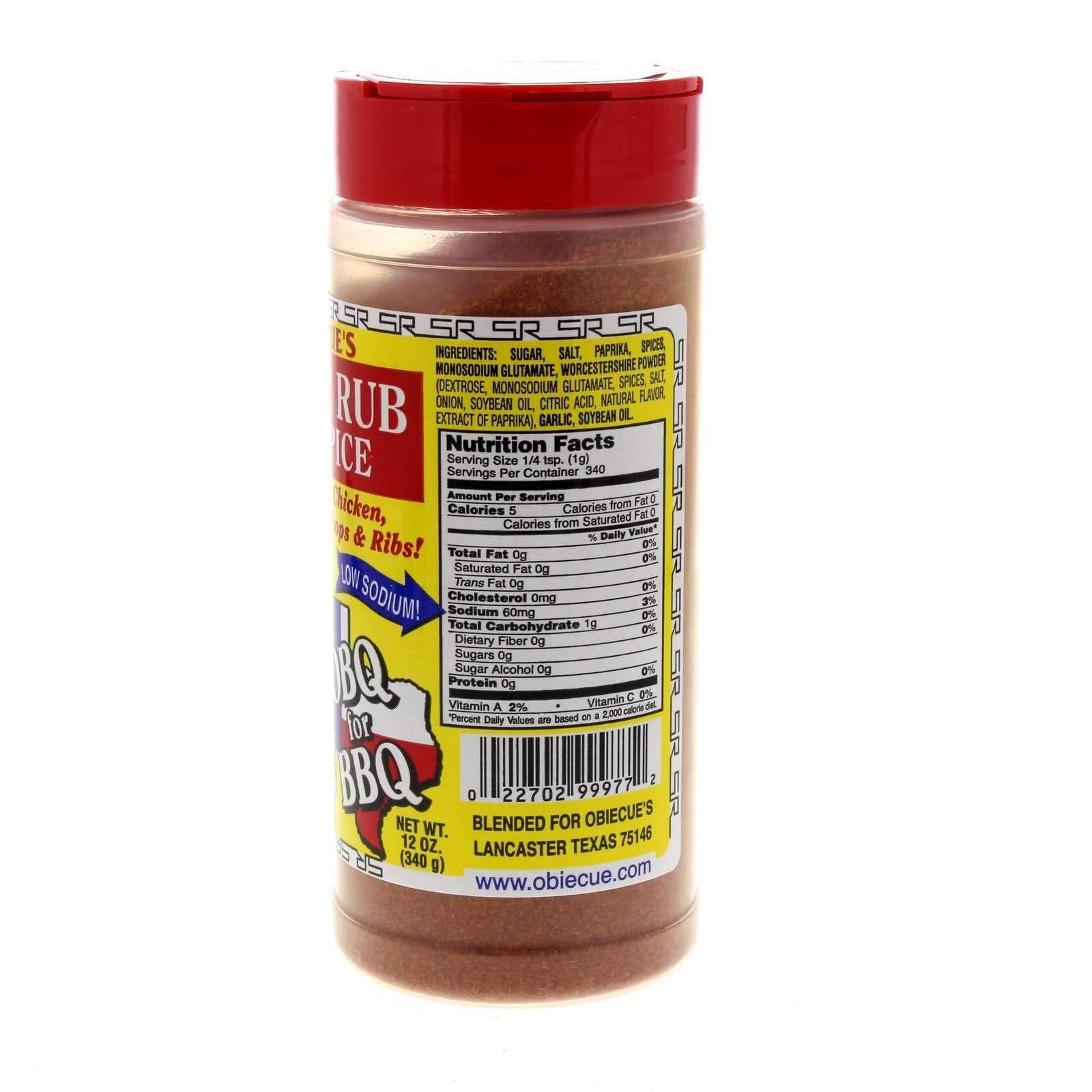 Back view of Obie-Cue's Sweet Rub BBQ Spice bottle. The label provides nutritional information and ingredients such as sugar, salt, paprika, and spices. It also includes monosodium glutamate and Worcestershire powder, and highlights its low sodium content.