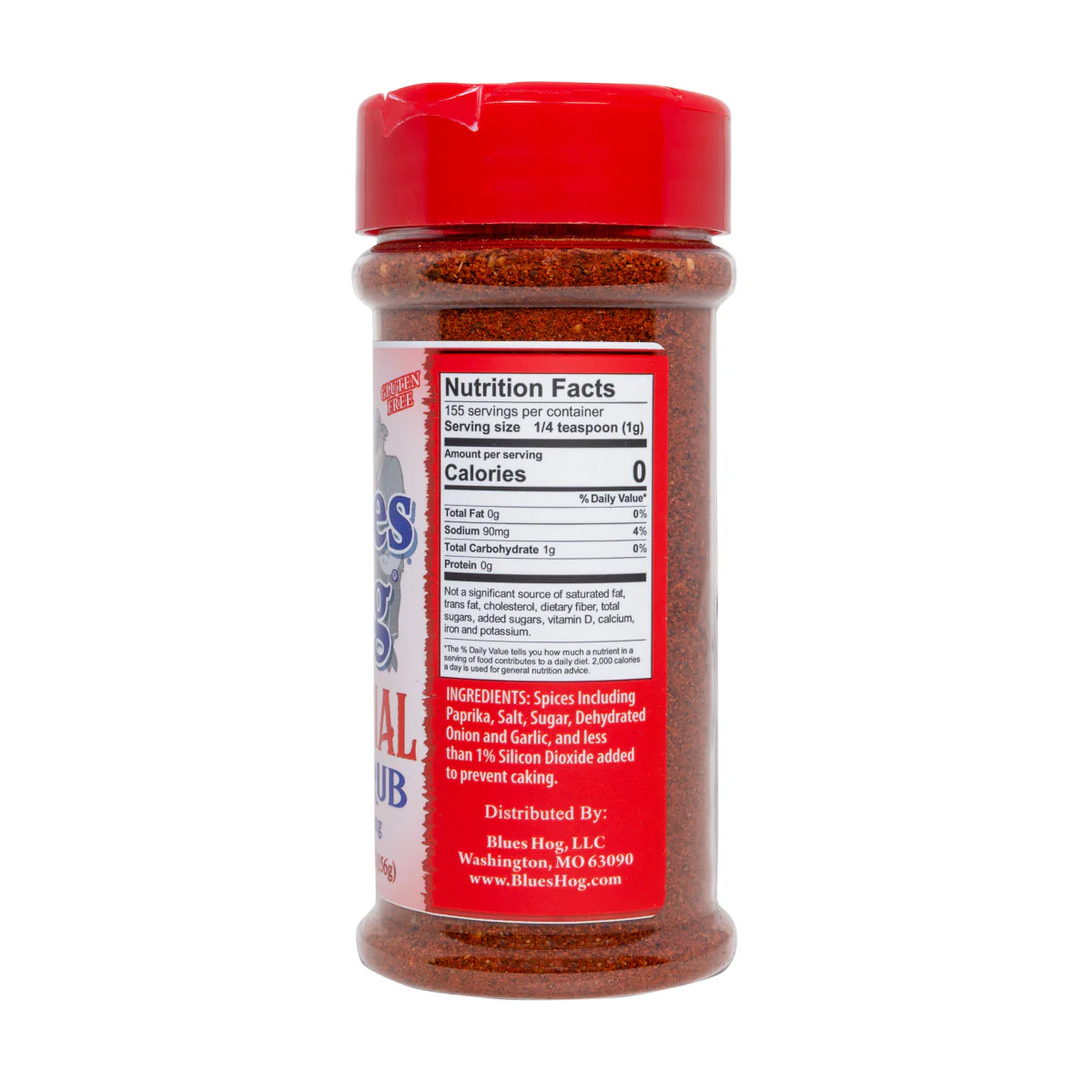 The side of a jar of Blues Hog Original Dry Rub Seasoning with a red lid, showing the nutrition facts label. The label indicates 155 servings per container, with each serving size being 1/4 teaspoon (1g). The mix contains 0 calories, 0g total fat, 90mg sodium, 1g total carbohydrate, and 0g protein. The ingredients include spices such as paprika, salt, sugar, dehydrated onion and garlic, and less than 1% silicon dioxide to prevent caking.