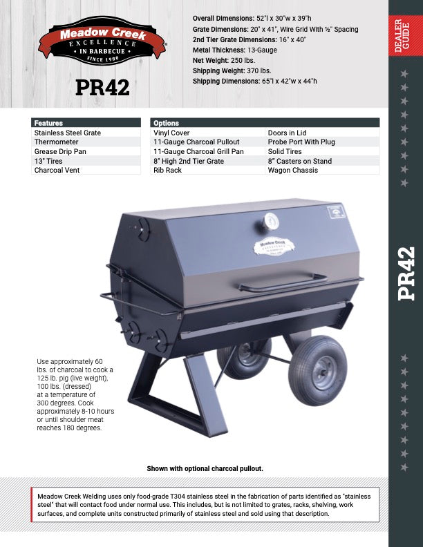 A specification sheet for the Meadow Creek PR42 Pig Roaster. The sheet also contains a picture of the PR36 Pig Roaster with its lid open.