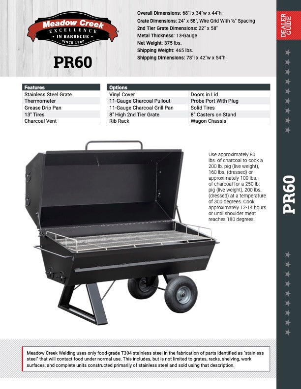 A specification sheet for the Meadow Creek PR60 Pig Roaster. The sheet also contains a picture of the PR60 Pig Roaster with its lid open.