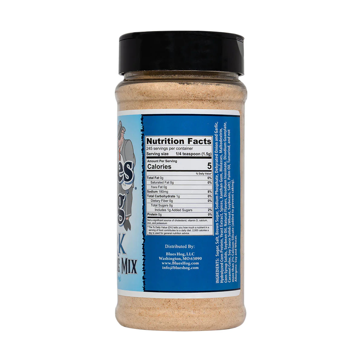 The side of a jar of Blues Hog Pork Marinade Mix with a black lid, showing the nutrition facts label. The label indicates 245 servings per container, with each serving size being 1/4 teaspoon (1.5g). The mix contains 5 calories, 0g total fat, 180mg sodium, 1g total carbohydrate, and 0g protein per serving. Ingredients include spices, salt, brown sugar, dehydrated garlic and onion, and more.