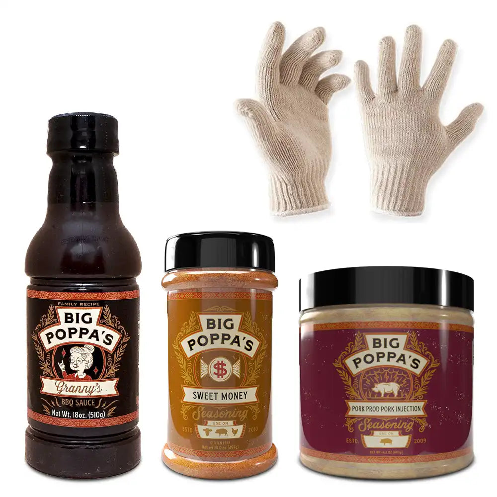 Three Big Poppa's products including a bottle, jar, and container with gloves on a white background.