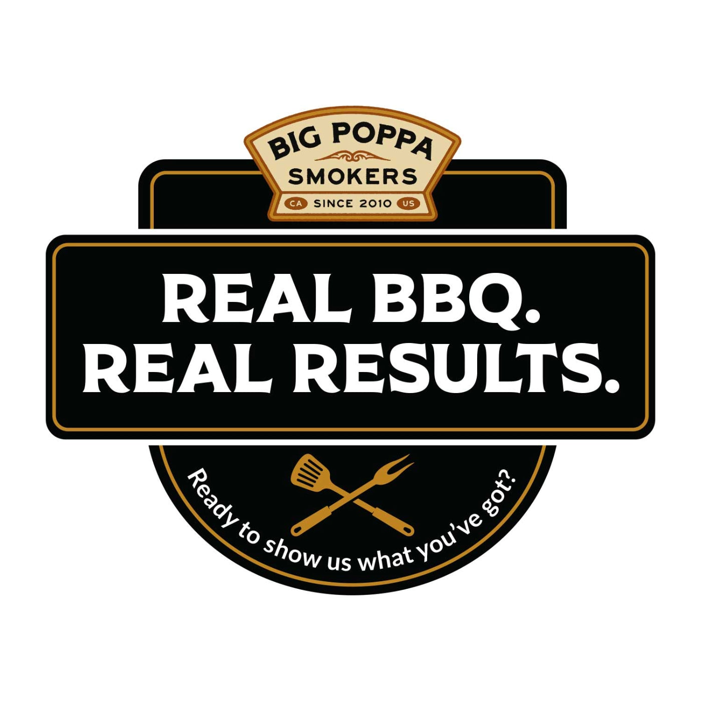 Logo of Big Poppa Smokers with text 'Real BBQ. Real Results.' on a white background