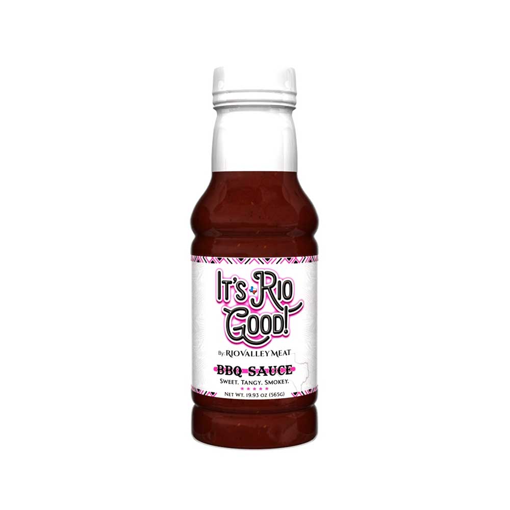 Bottle of 'It's Rio Good' BBQ sauce on a white background